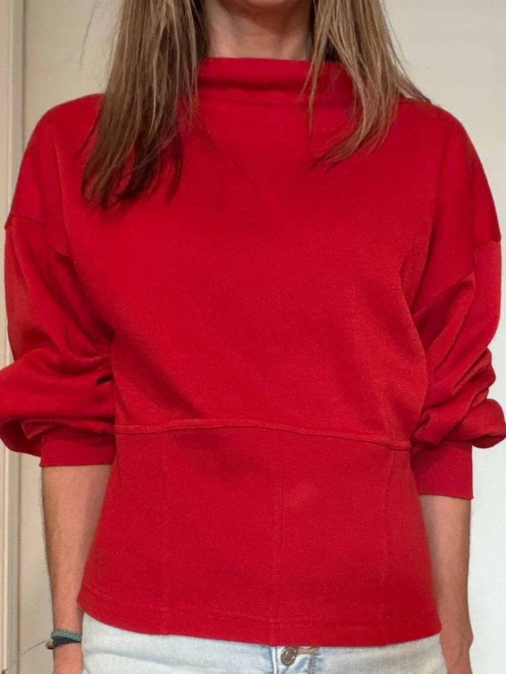 ❤️ Maeve Anthropologie Corset Waist Sweatshirt M Red Mock Neck Balloon Sleeve